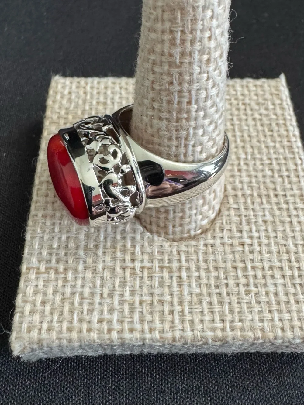 Red Coral Oval Cabochon Stone Ring w/ Sterling Filigree Design Surrounding Stone